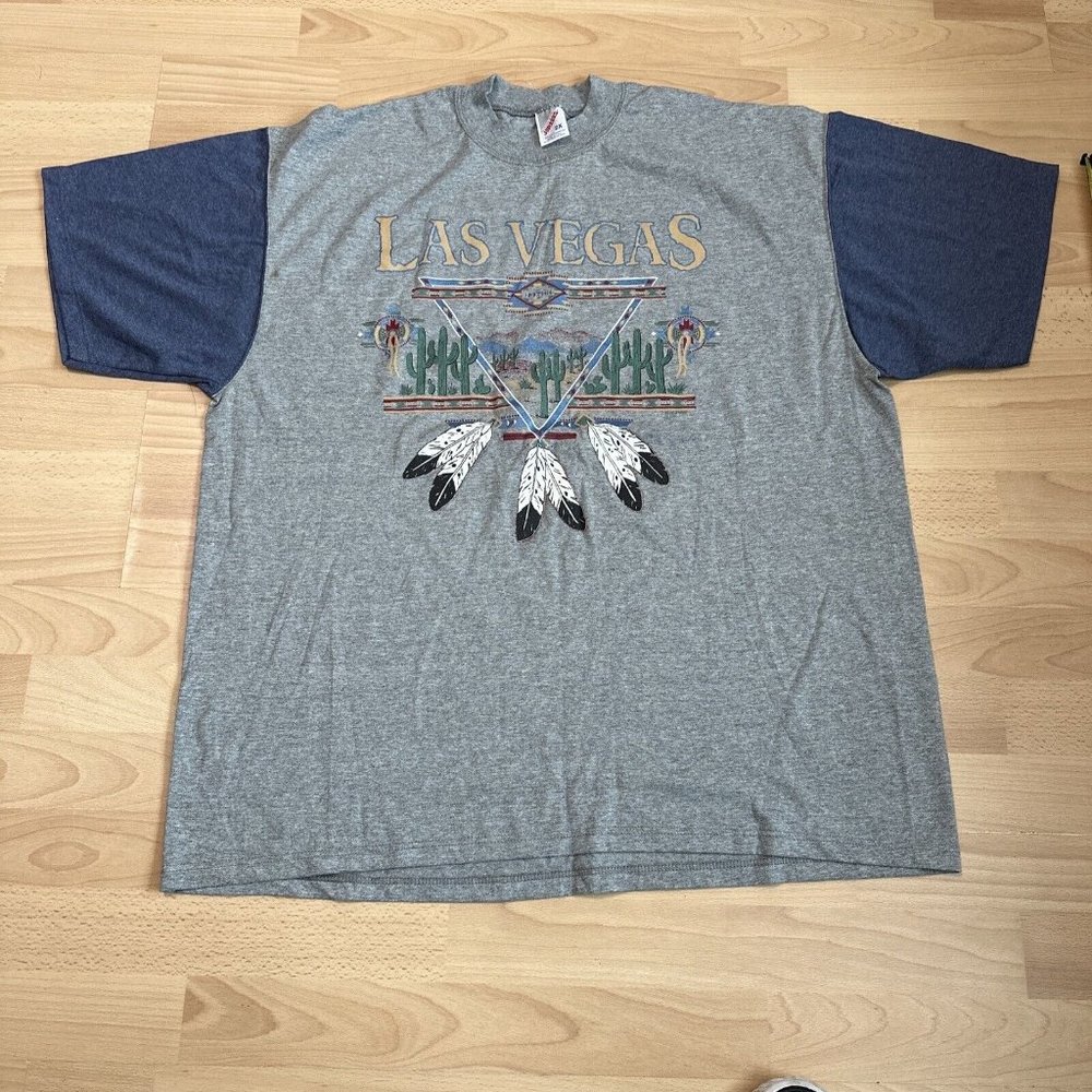 Vintage Las Vegas NV Nevada Desert Aztec Graphic Gray Blue  Shirt 1990s 2XL